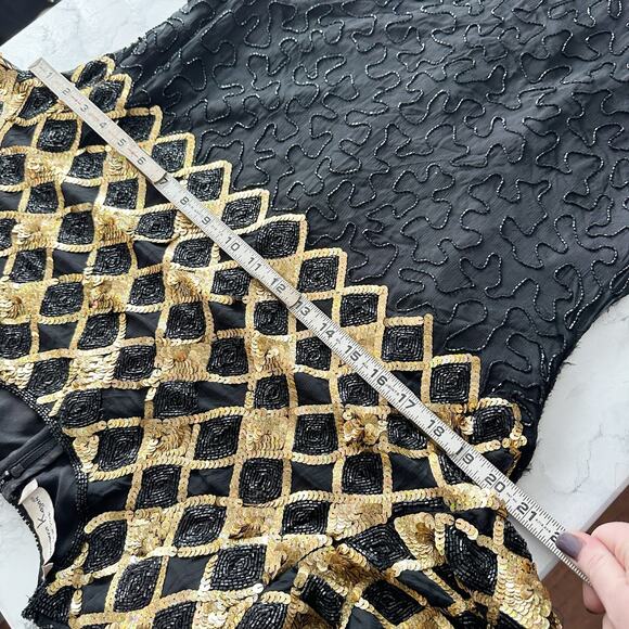 Laurence Kazar Gold Sequin Argyle Black Beaded Silk Evening Gown Women’s Size XL - Picture 13 of 15